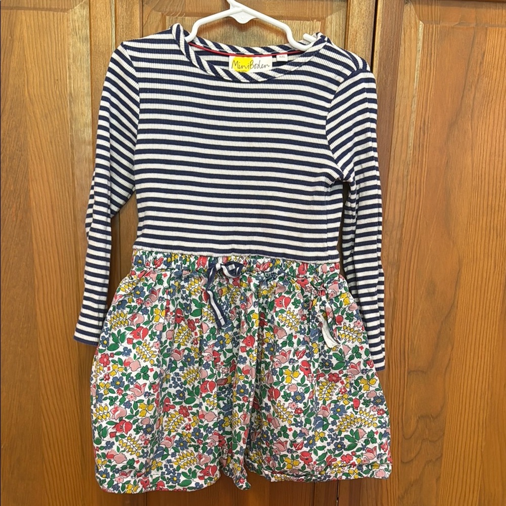 Mini Boden dress! Blue and white stripes with floral bottom. 4-5